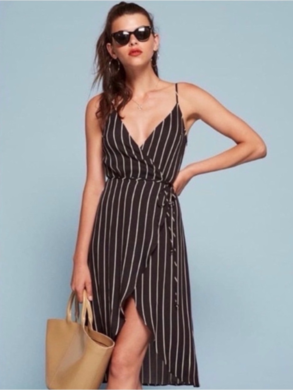 Reformation Black and White Striped Wrap Midi Dress